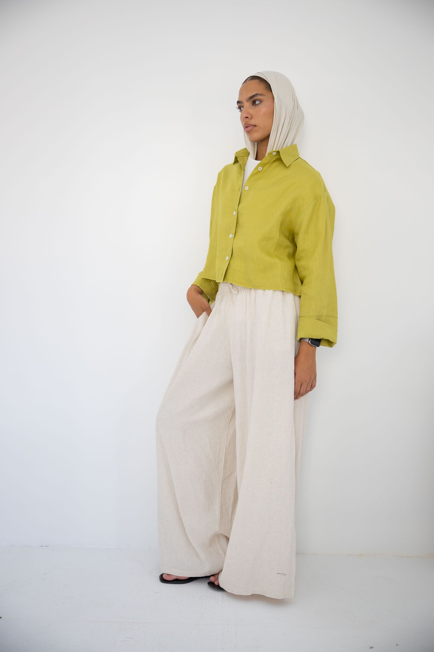 Cropped Linen Shirt_Lime green