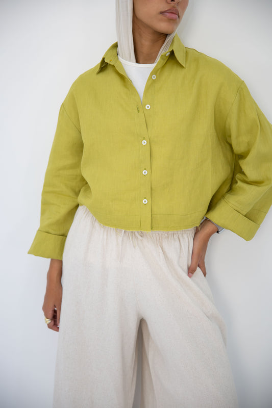 Cropped Linen Shirt_Lime green