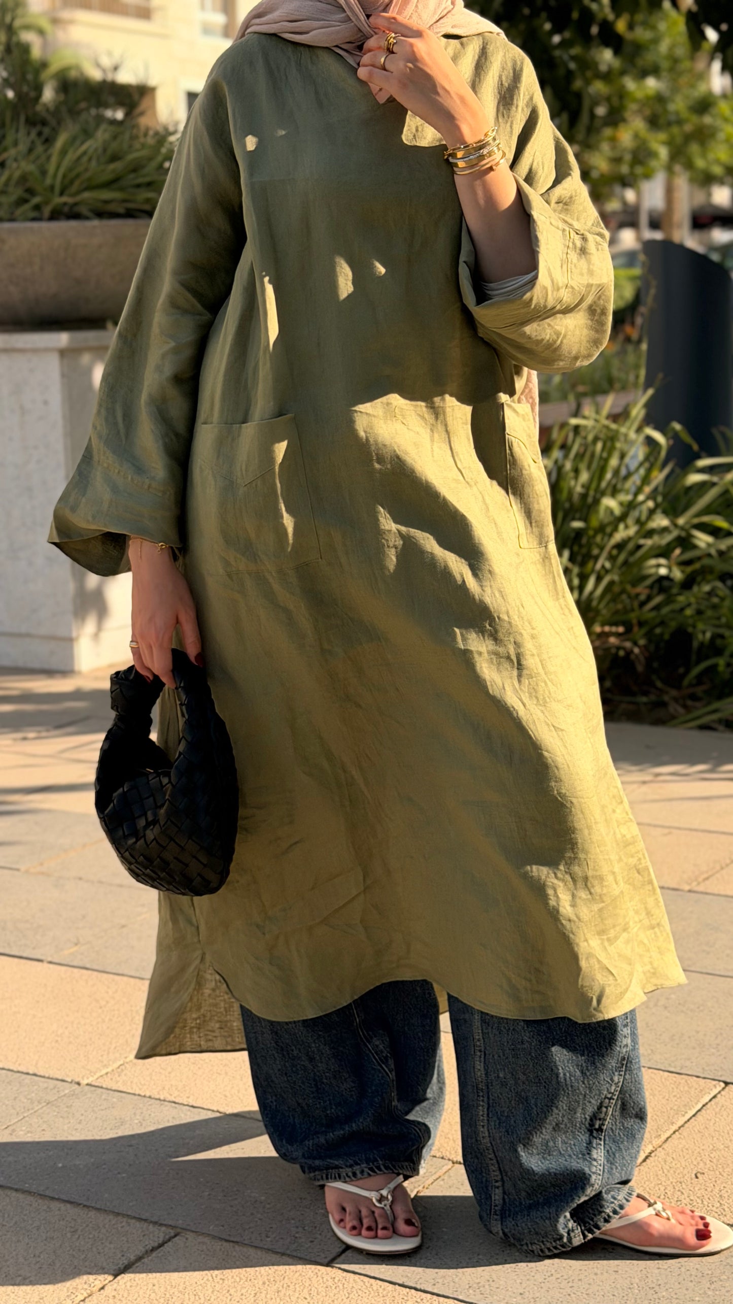 Pure linen dress _Olive