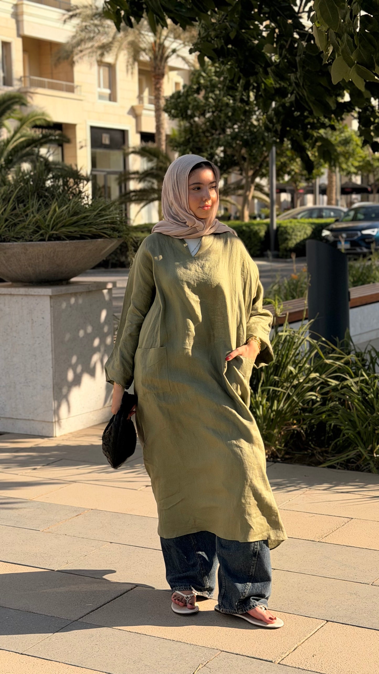 Pure linen dress _Olive