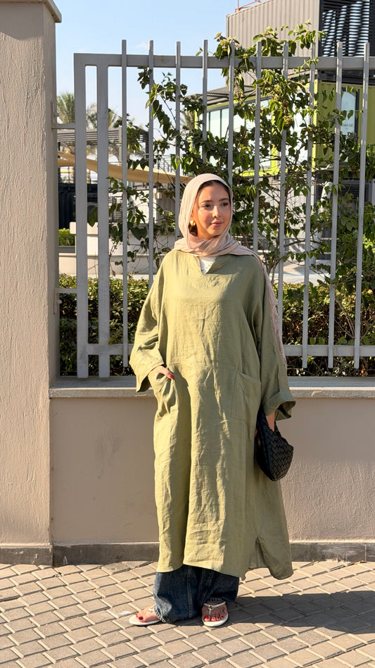 Pure linen dress _Olive